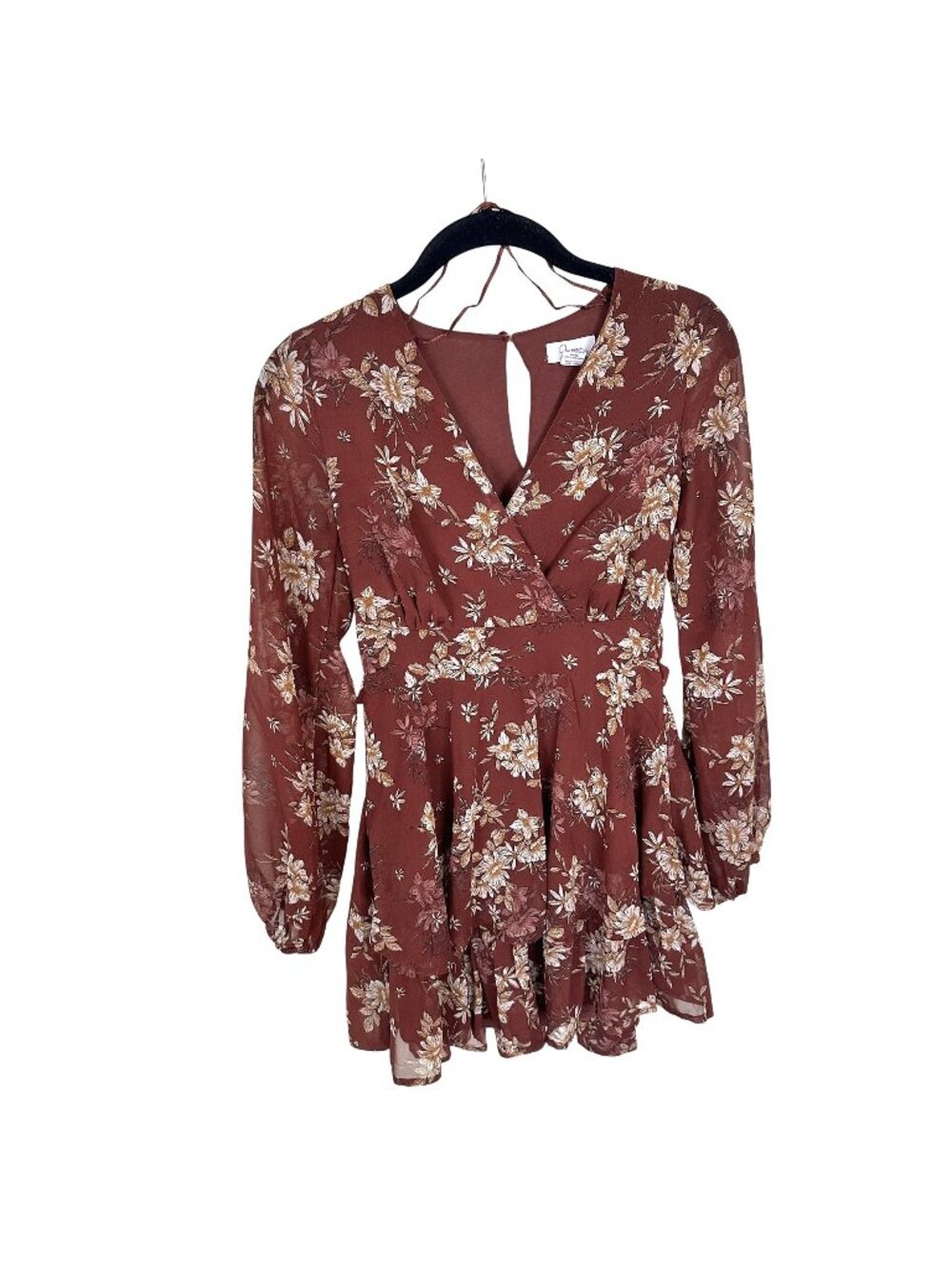 Womens Floral Tunic Top Chiffon XS Japna Long Sleeve Fairy Brown V Neck Flowy